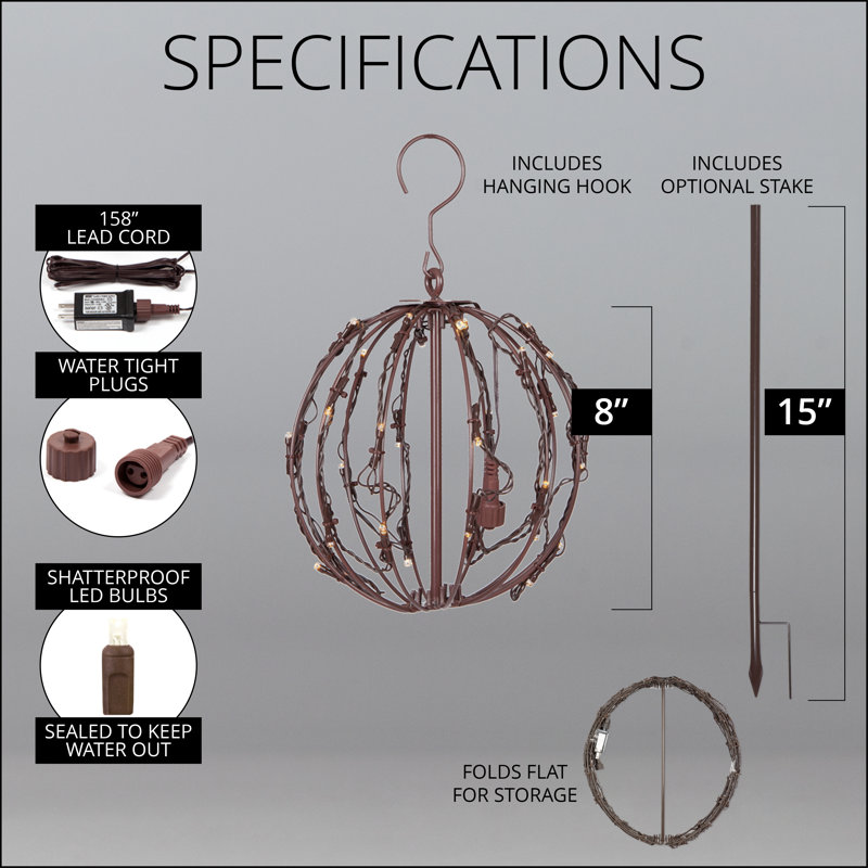 Plug-in Integrated LED Outdoor Hanging Light, 8" H x 8" W x 8"D