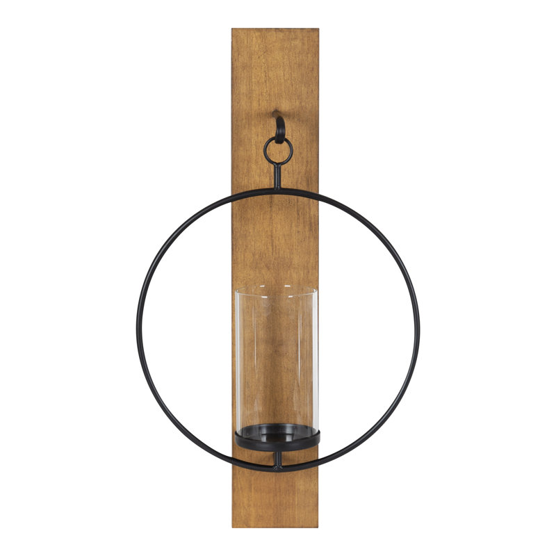 23.75" H Walnut Wood and Metal Wall Sconce with Glass Cylinder, Rustic Brown/Black