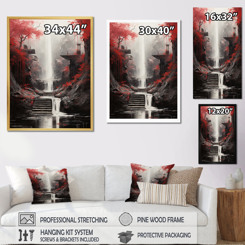«Red Tree Endless Waterfall Journey», art sur toile, H 20 po x l 12 po x P 1 po, Cadre flottant doré