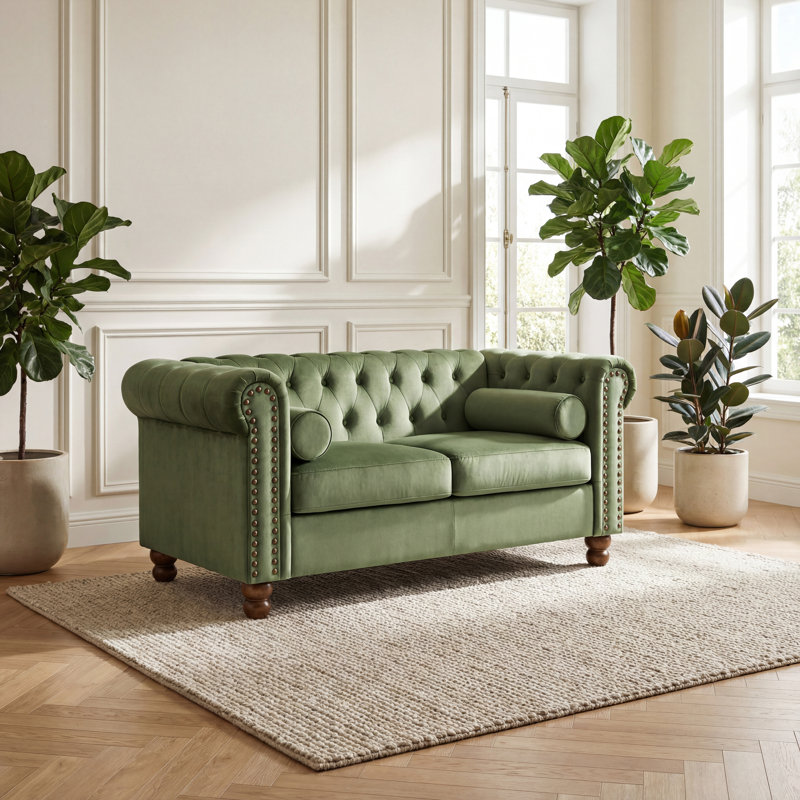 Chesterfield Velvet Upholstered Loveseat with Nailhead Trim and Rolled Arms, Loveseat
