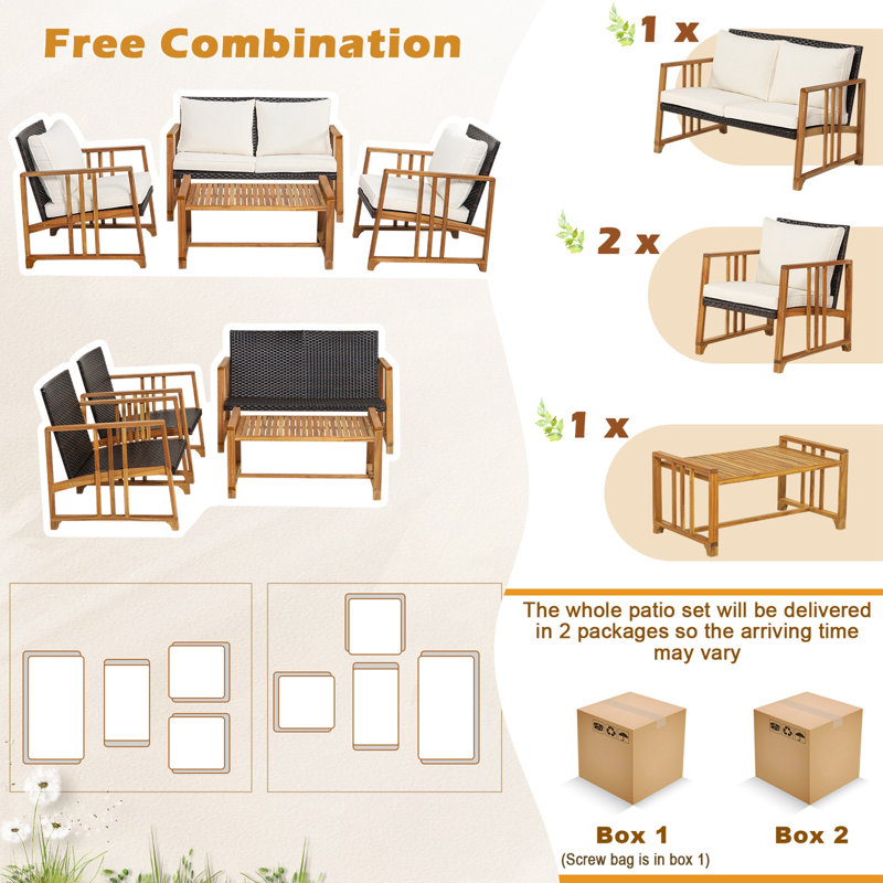 Colean 4 - Person Acacia Wood Patio Conversation Set with Cushions