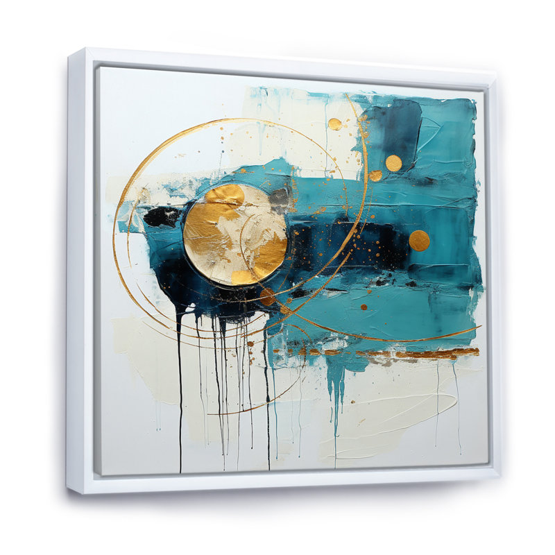 Céleste délice abstrait en turquoise et or, H 24 po x l 24 po x P 1 po, Cadre flottant blanc