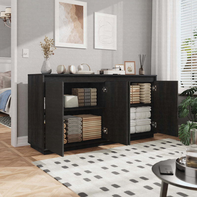 4-Door Wood Sideboard Buffet Cabinet with Power Outlet, Wavy Vertical Texture Accent Cabinet, Black