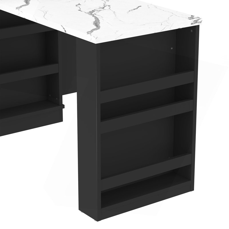 Console d'îlot extensible avec tiroirs, armoire à deux portes et tablettes ouvertes. Sert de table à manger, de bar pour le petit-déjeuner temporaire et de salon de thé l'après-midi, noir
