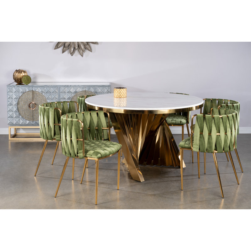 Hatten Round Marble Dining Table Set with Sculptural Base and 6 Upholstered Velvet Chairs – 7-Piece Modern Glam Dining Set