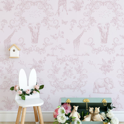 Pink Safari Toile de Jouy Wallpaper
