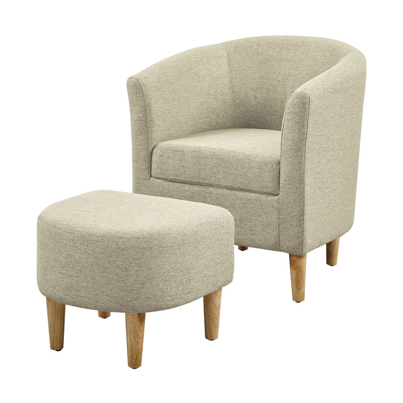 Upholstered 27" Wide Barrel Chair with Ottoman, Beige Linen Blend
