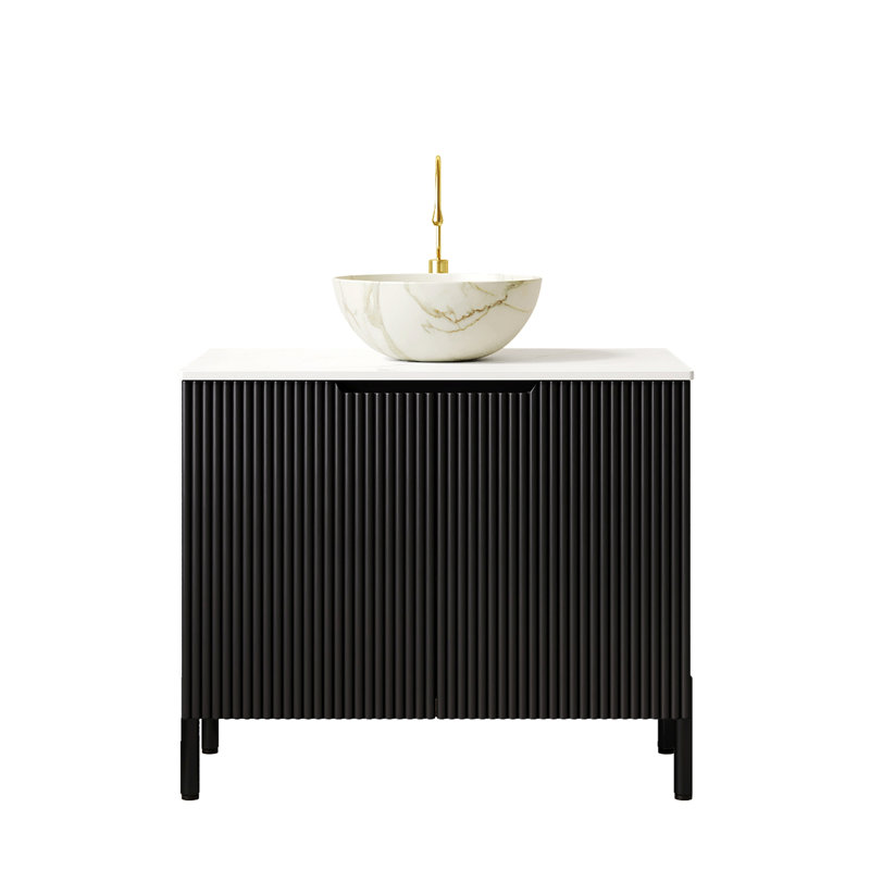 Meuble-lavabo autoportant avec 2 portes et lavabo en céramique, 35.06 "H x30.02"W x 18.92"D, Black,Carrara White,Stone White