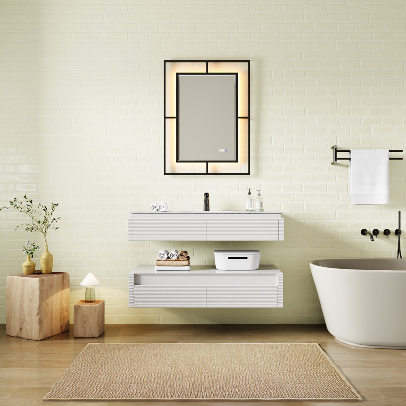 Miroir de salle de bain multifonctionnel à DEL, cadre décoratif en fer fabriqué à la main, Noir mat, 30 po x 40 po