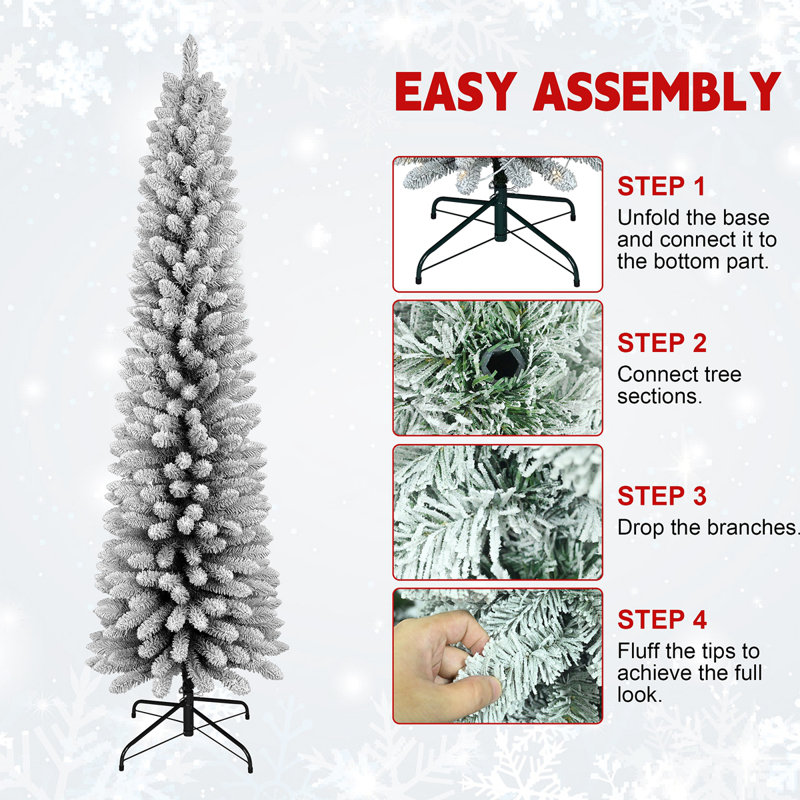 Arbre de Noël enneigé 7 pi - Arbre en PVC mince avec 469 pointes enneigées, conception peu encombrante, effet de neige réaliste, support en métal robuste, installation facile