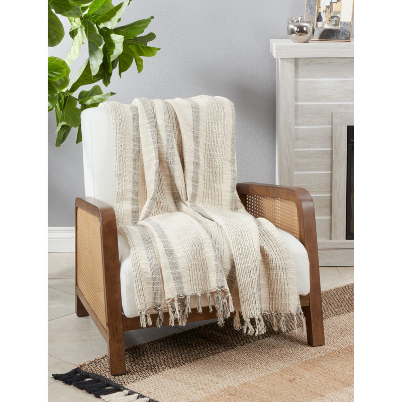 Ivory Striped 100% Cotton Reversible Throw Blanket 50"x60"