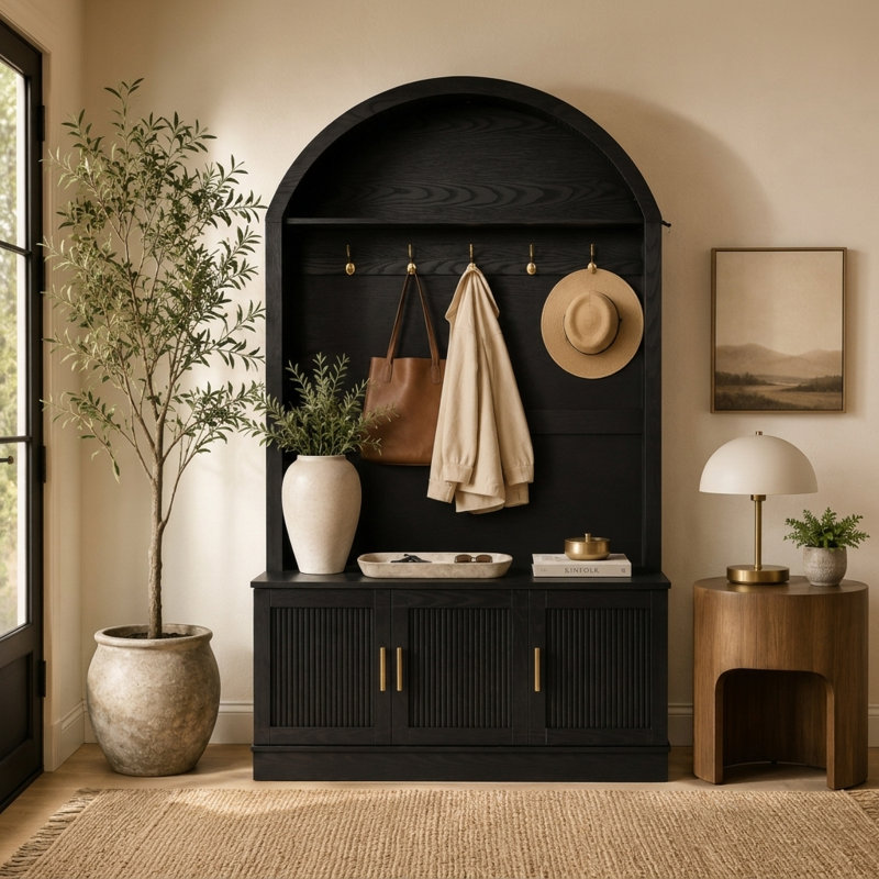 46.4" Arched Hall Tree with Bench, Farmhouse Entryway Mudroom Storage with Fluted Doors, 5 Metal Coat Hooks and Adjustable Shelves, Drop-Zone Organizer