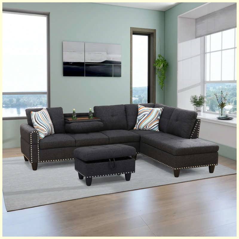Canapé modulaire en L noir faisant face à la droite avec porte-gobelets intégré, mobilier de salon modulaire