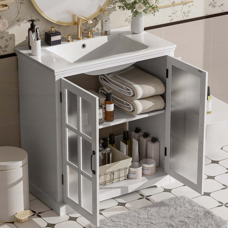 Meuble-lavabo moderne de 30 pouces avec lavabo en céramique, verre trempé flou et grand rangement, structure en bois, Blanc