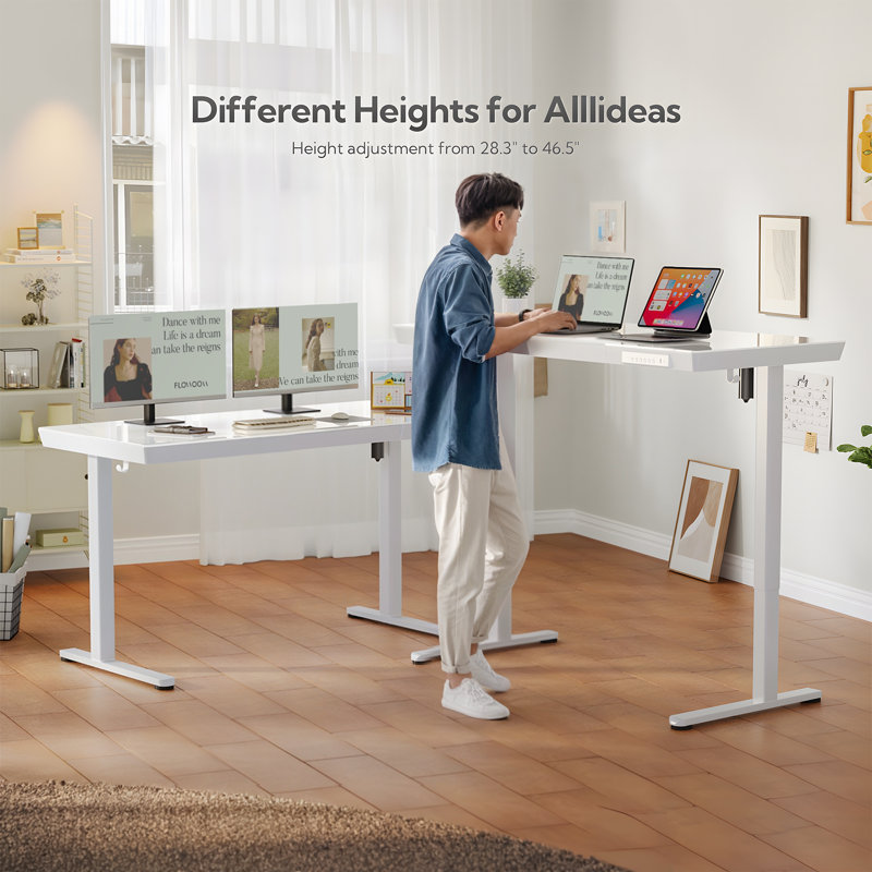 Tempered Glass Top Height Adjustable Standing Desk, Computer Desk with Drawer and USB Charge, 46.5" H x 48" W x 24" D, White