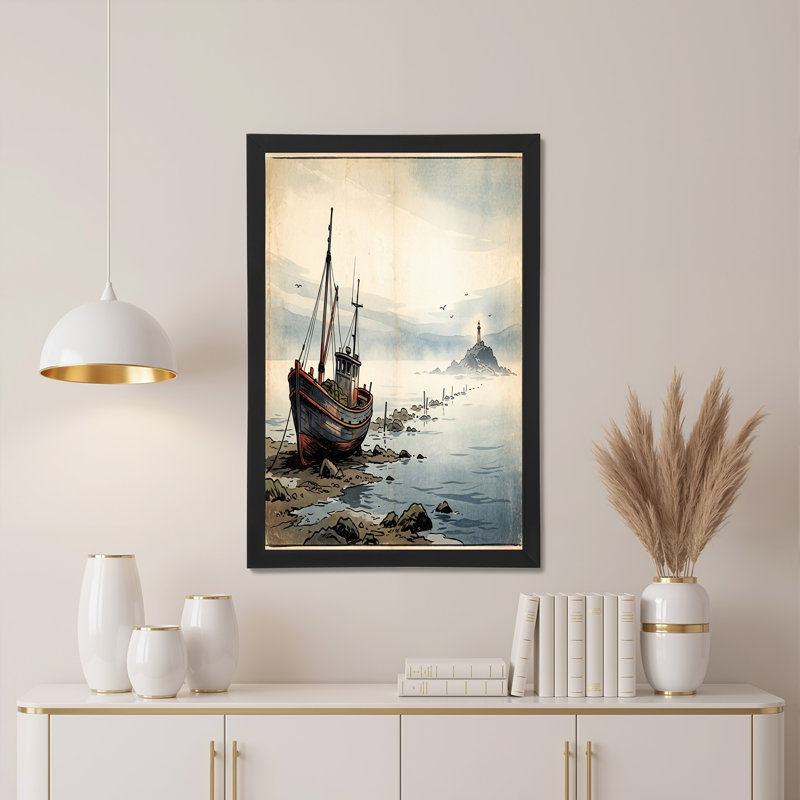 Art rétro sur toile, bateau de pêche rétro sur un rivage rocheux, H 28 po x l 40 po