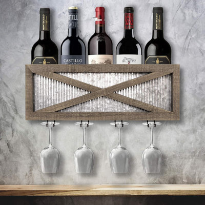 4 - Bottle Solid Wood Wine Bottle & Glass Rack in Brown