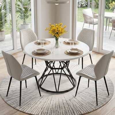 Donato 5-Piece Modern Dining Table Set, 47" Round Manufactured Wood Pedestal Table With Geometric Metal Base And 4 Diamond Quilted Faux Leather Chairs