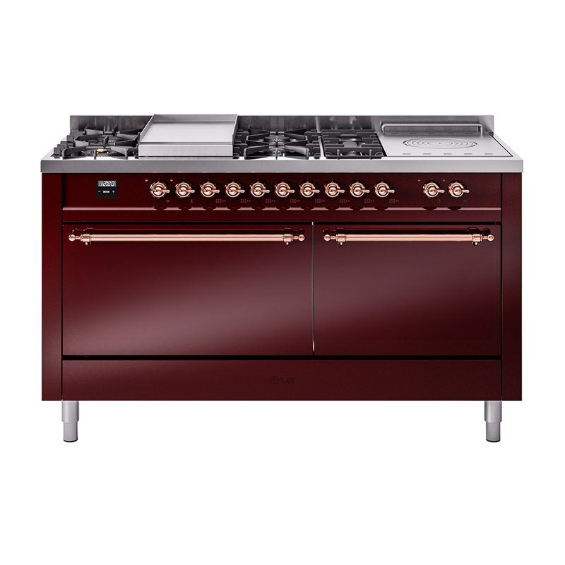 ILVE Nostalgie II 60 in Dual Fuel Range, 7 Burner, Griddle, Frenchtop, Natural Gas, Burgundy Red/Copper