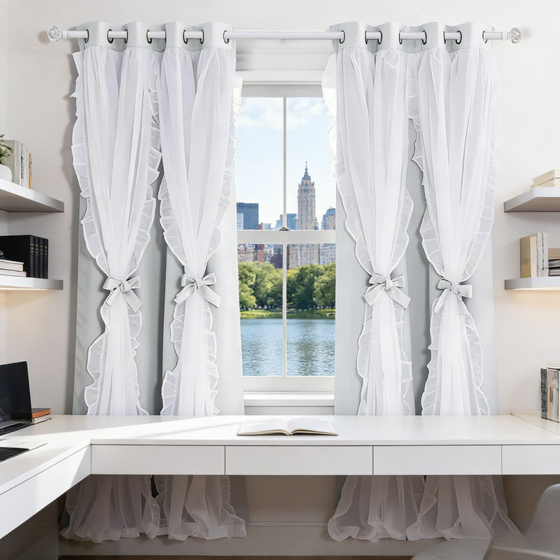 Shabby Chic Double Layer Blackout Curtains With Ruffled Sheer Overlay And Tiebacks, French Country Style Drapes For Bedroom And Living Room Decor