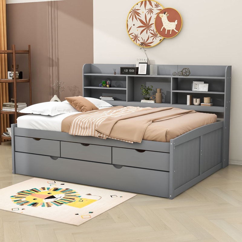 Lit plateforme 3 tiroirs en bois avec tablettes et lit gigogne, Complète, gris