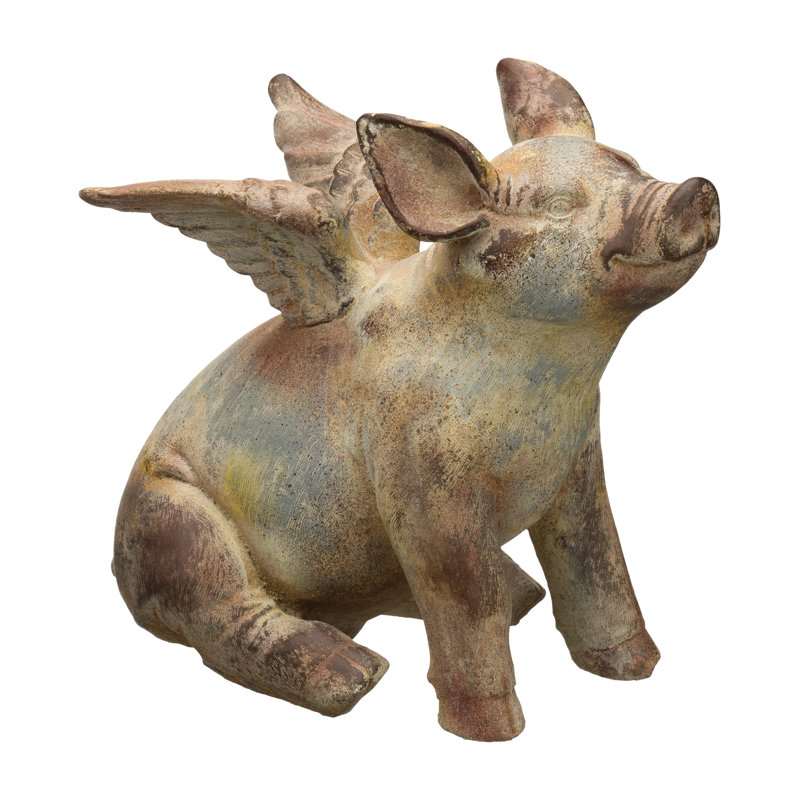 Rustic Brown and Blue Handcrafted Flying Pig Statue 11"