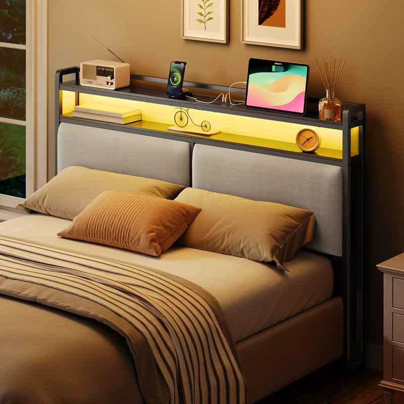 Makieh Upholstered Headborad with Charging Station and Led Lights, Queen