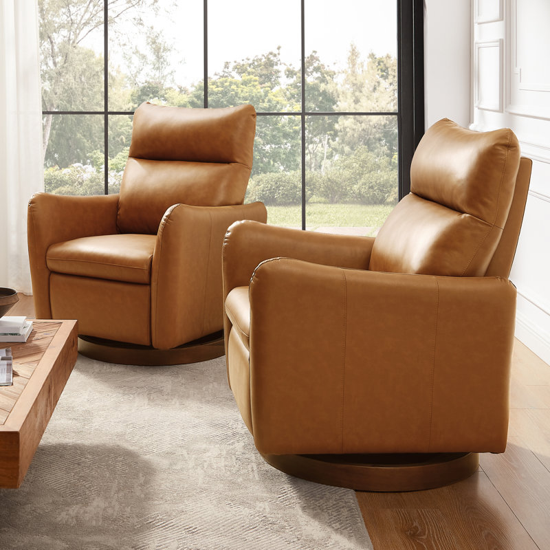 Maxine 32.7'' W Swivel Top-Grain Genuine Leather Manual Push Back Recliner With Solid Wood Base (Set of 2)