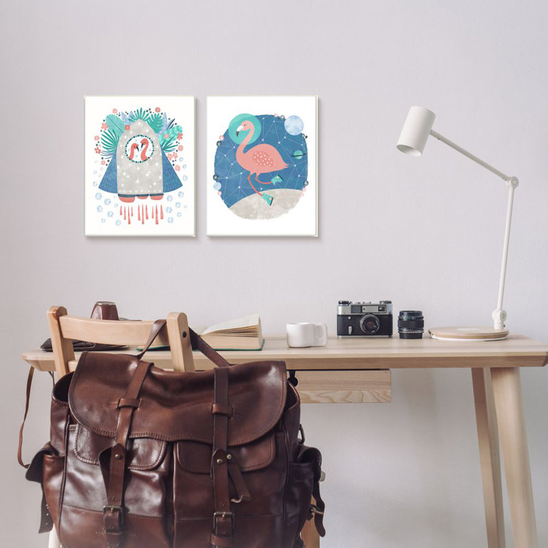 Illustration de style Rocketship par Molly Fabiano-ensemble de 2 reproductions d’art graphique sur toile « Space Flamingos »