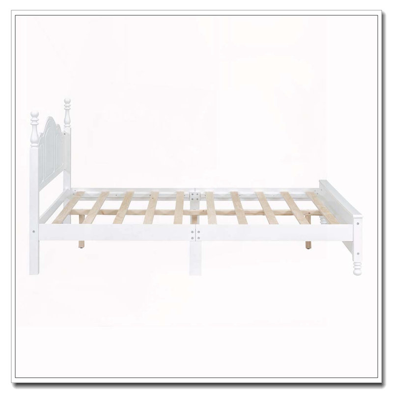 Grand lit plateforme rétro en bois avec support à lattes en bois, blanc, Blanc
