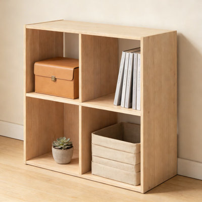4 Cube Storage Organizer Unit, Modern Cube Shelf With Natural Wood Finish For Home Organization, Fits Standard 10.5-Inch Storage Bins