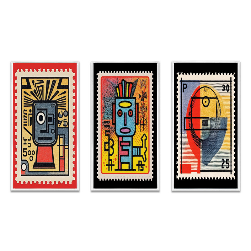 Retro Stamp Tribute To Keith I - Transitional Art Set Of 3 Pieces, Cadre blanc, H 40 po x l 60 po