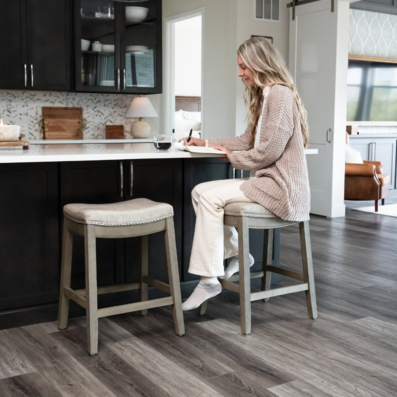 Maven Lane Sophia Wooden Backless Stool with Faux Leather Upholstery, Counter Stool (26" Seat Height), Aged Gray