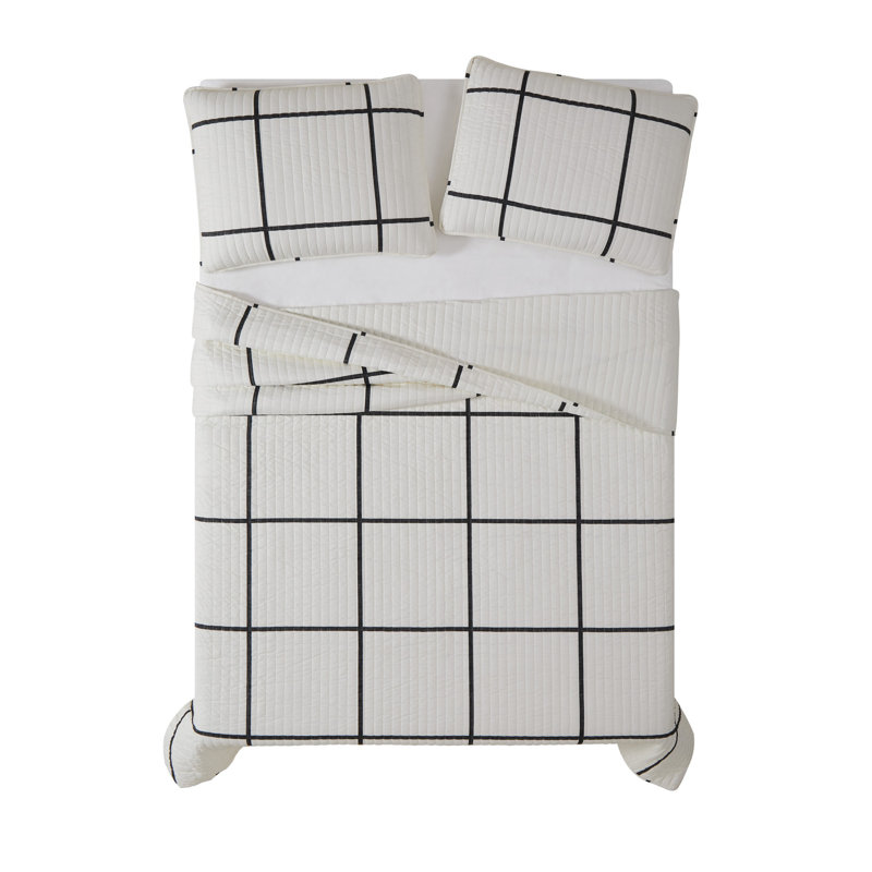 King Black and White Microfiber Windowpane Quilt Set