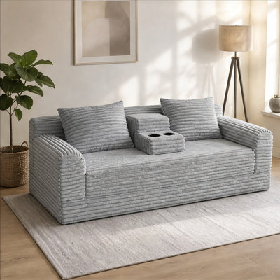 72-Inch Convertible Floor Sofa Bed with Fold-Out Design, Striped Corduroy Upholstery, 2 Cup Holders and 2 Pillows, Gray