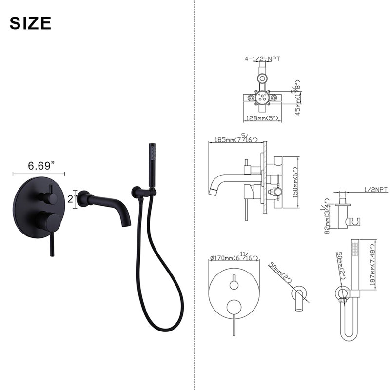 Robinet de baignoire à 2 baignoires noir mat - Laiton massif - Valve équilibrée, Rouille - Douchette à main, 2 gallons par minute, Nickel