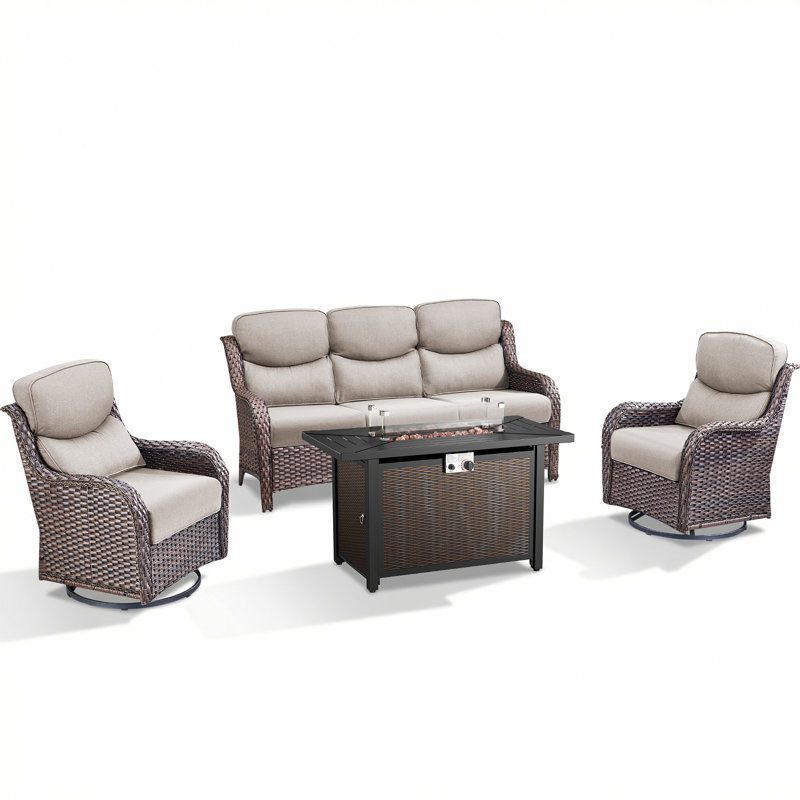 Ensemble de conversation de patio en rotin 4 pièces Anner, Beige, Brun