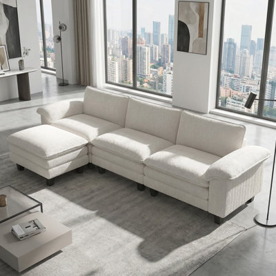 124" Sectional Sofa, L Shaped Couch with Deep Seat, Movable Ottoman and Pillow-top Armrests, Corduroy 3 Seat Sectional Couch for Living Room, 2200lb Capacity, Beige,wood