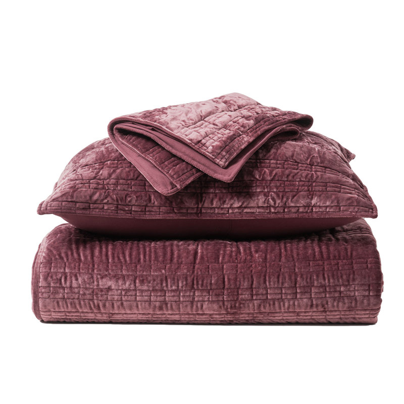 Ruched Crushed Velvet Quilt Set, Burgundy, Queen Quilt  + 2 Queen Shams