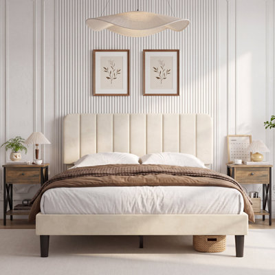 3 Piece Bedroom Furniture Set, Velvet Upholstered Platform Bed Frame With Vertical Channel Tufted Headboard & Set Of 2 Industrial Nightstands With Storage Drawer, No Box Spring Needed, Beige & Rustic Brown