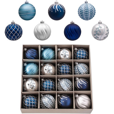  Ensemble d'ornements de Noël, décorations d'arbre de Noël d'automne incassable bleu marine et argent 16 carats, 3,15 pouces, décorations élégantes à suspendre pour arbres de Noël