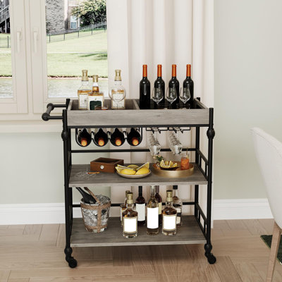 3-Tier Rolling Bar Carts with Wine Rack and Glass Holder, Mobile Serving Cart for Kitchen, Living Room, Dining Room, Stylish Beverage Cart for Entertaining, Storage, Home Decor