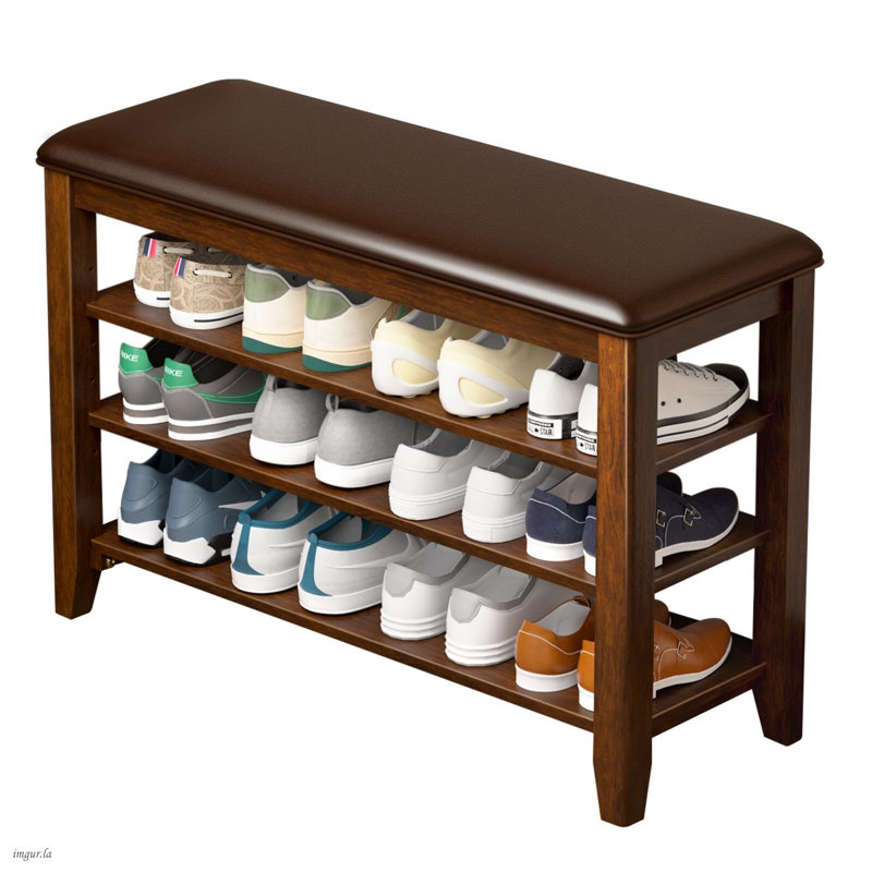 Shoe Rack Bench Entryway Storage with Leather Cushion and 3 Height-Adjustable Removable Shelve, 21.2" H x 31.5" W x 11.81" D