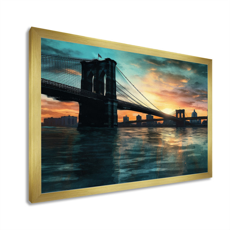 Green and Pink Brooklyn At Sunset, reproduction d'art sur toile, H 16 po x l 32 po x P 1 po, Encadrement doré