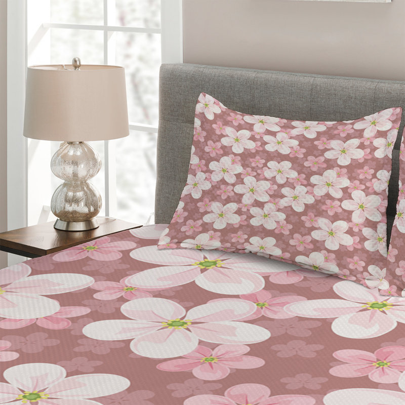 Cherry Blossom Eclectic Polyester Floral Coverlet, King Bedspread + 2 Shams