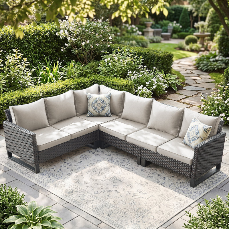 Chaquille 105'' Wide L-Shaped Wicker Patio Sectional with Cushions, Brown, Beige