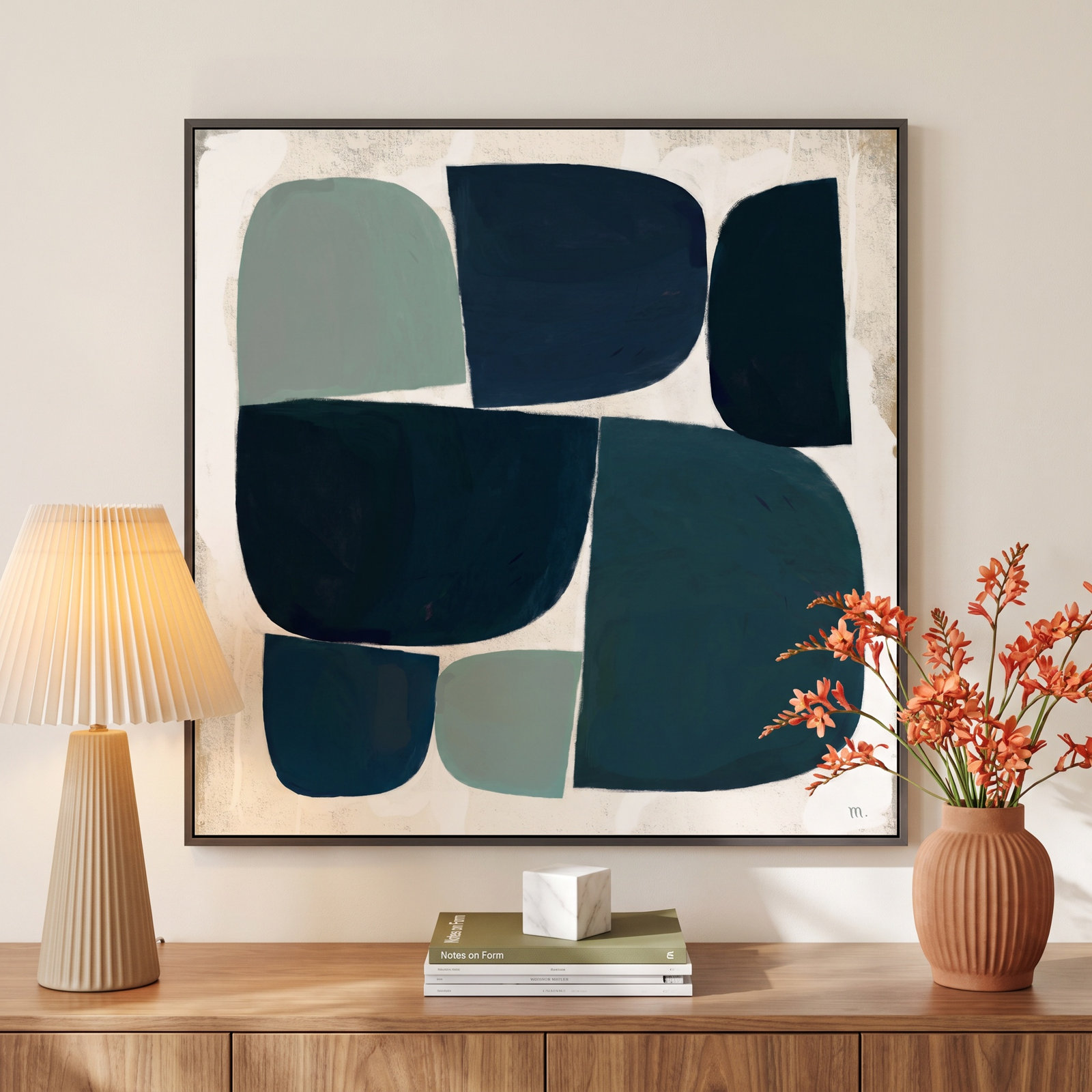 Ziti "Composizione di Forme Blue Black" Print, 36" H x 36" W x 1.25" D, Black Single Structure Framed Canvas