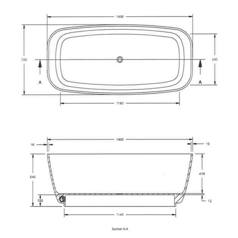 Bella 1495mm x 720mm Soaking Acrylic Bathtub