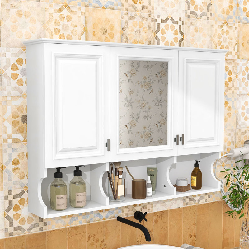 Armoire de toilette murale avec rangement ouvert et tablettes réglables, Blanc