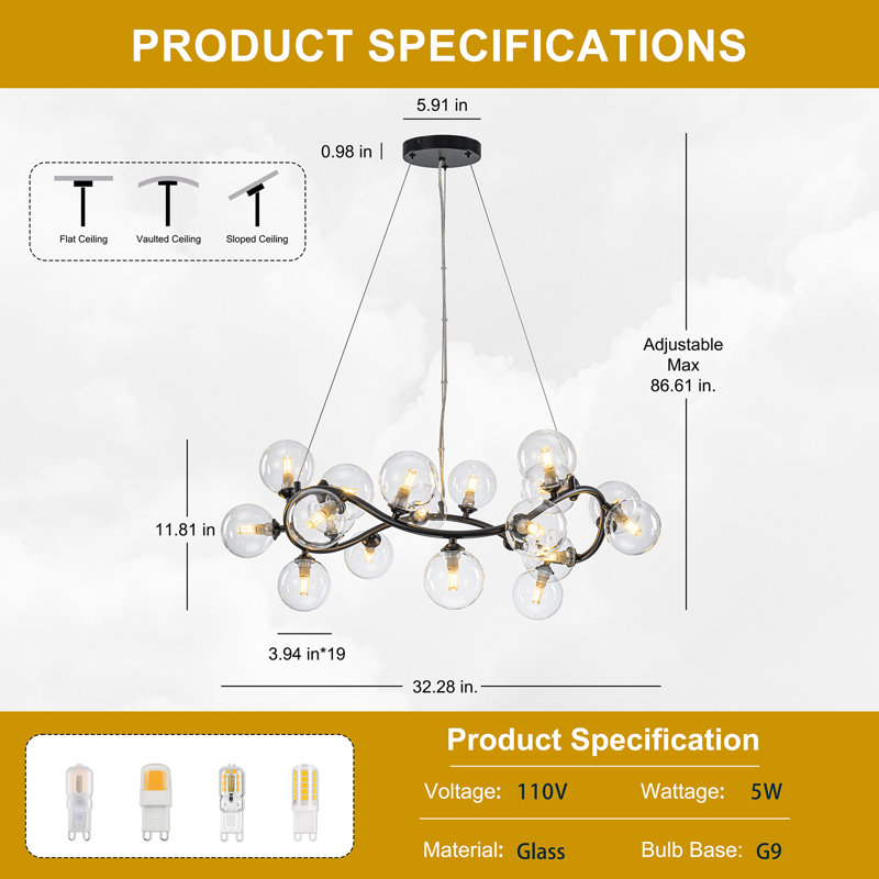 19-light Modern Twisted Glass Globe Chandelier, Matte Black